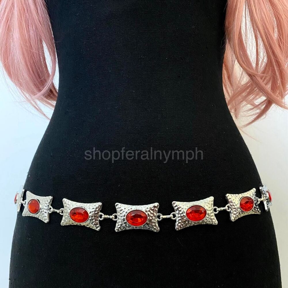 Silver Y2K Red Jewel Whimsygoth Waist Chain Belt, Fits 28-46 Inches, X7GA1429